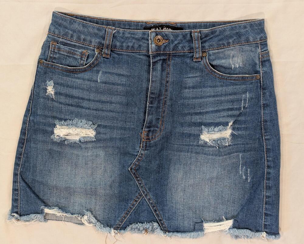 WAX JEAN Skirt Womens L Blue Med Wash Denim Distressed Frayed Hem Mini Casual
